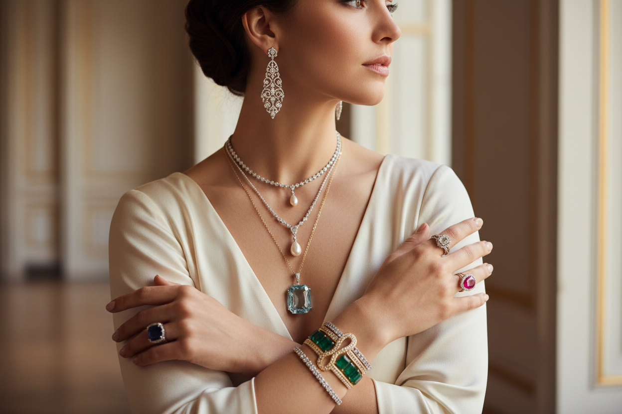 Woman adorned by jewelry